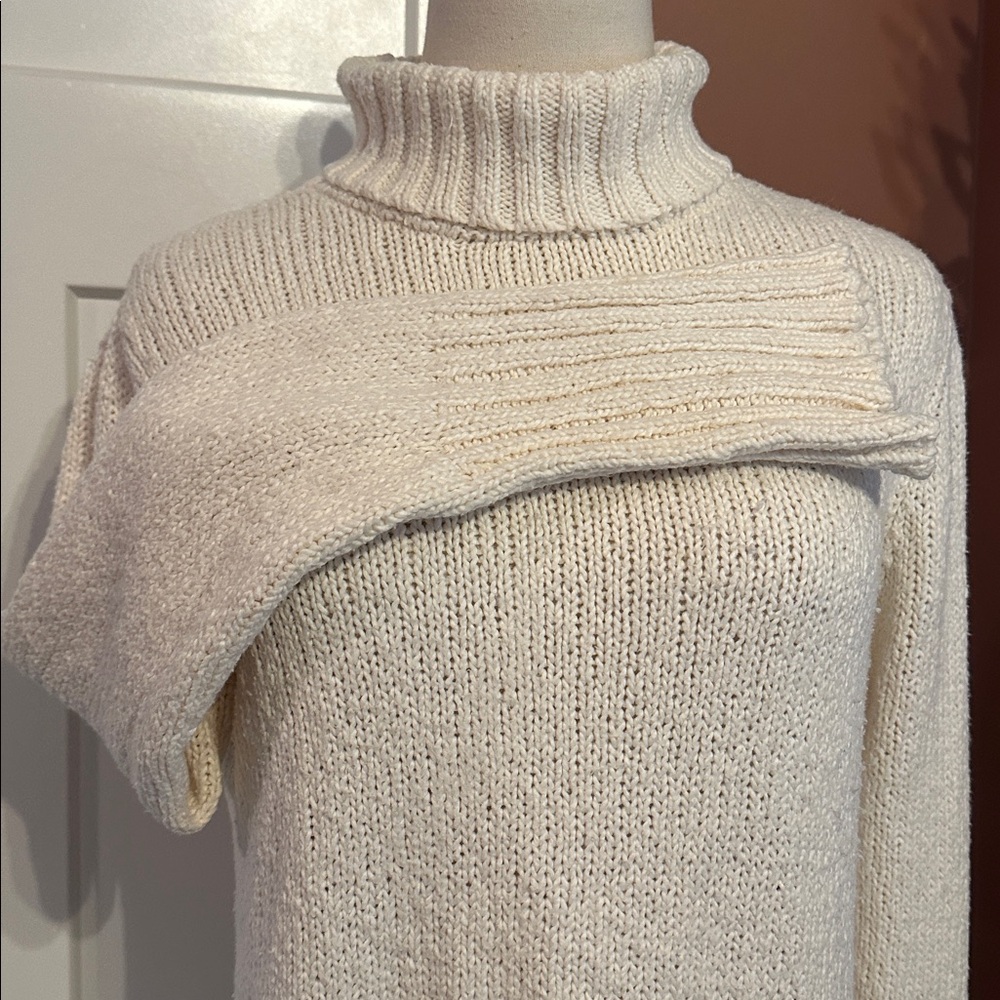 Eileen Fisher Peruvian organic cotton rolled hem M Cream Turtleneck Sweater - Picture 3 of 12
